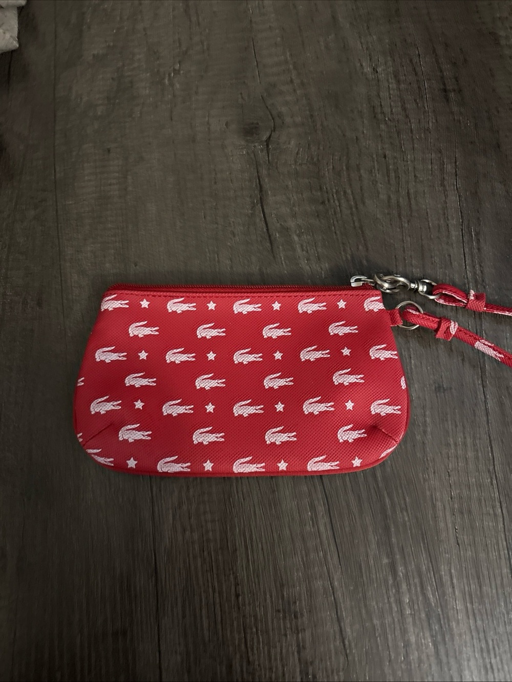 Lacoste Red  Wristlet With Silver Hardware and White Crocodile Print